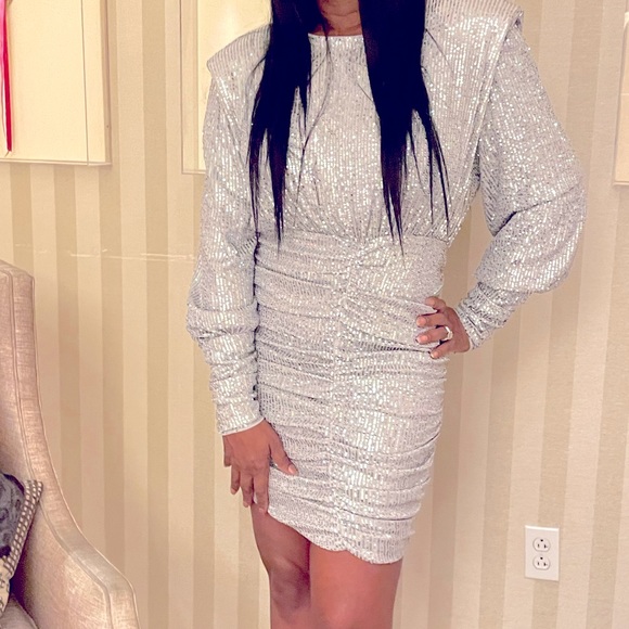 Silver Sequin Ruched Dress - Picture 1 of 4